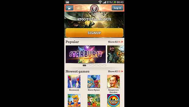 Leo Vegas Mobile Casino Lobby Screenshot