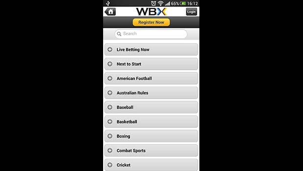 WBX Mobile Betting Exchange Lobby Screenshot