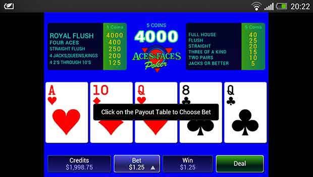 VideoSlots Mobile Casino Aces And Faces Video Poker Screenshot